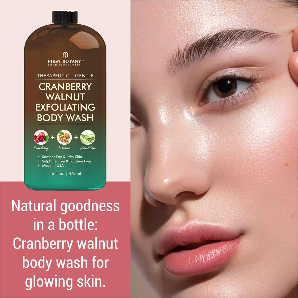 First Botany All Natural Body Wash label-closeup reveals cranberry-walnut scent for daily freshness.