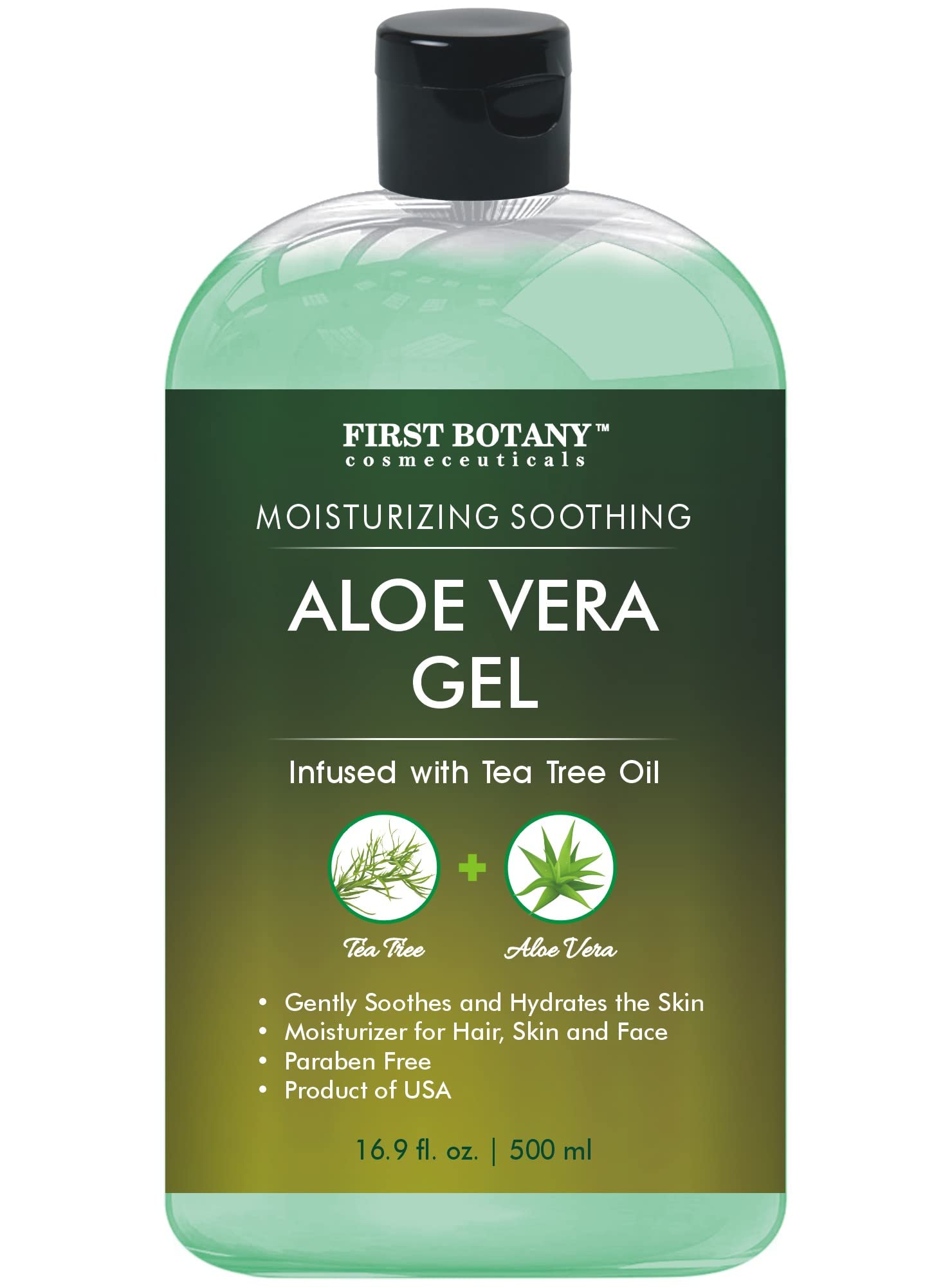 First Botany Aloe Vera Gel bottle close-up with tea tree oil highlight.