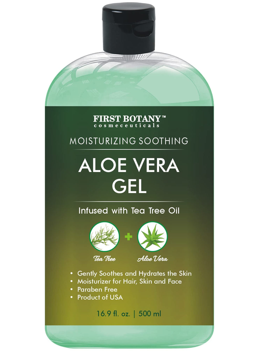 First Botany Aloe Vera Gel bottle close-up with tea tree oil highlight.