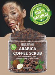 First Botany arabica coffee grounds closeup for antioxidant exfoliation and revitalized-looking skin