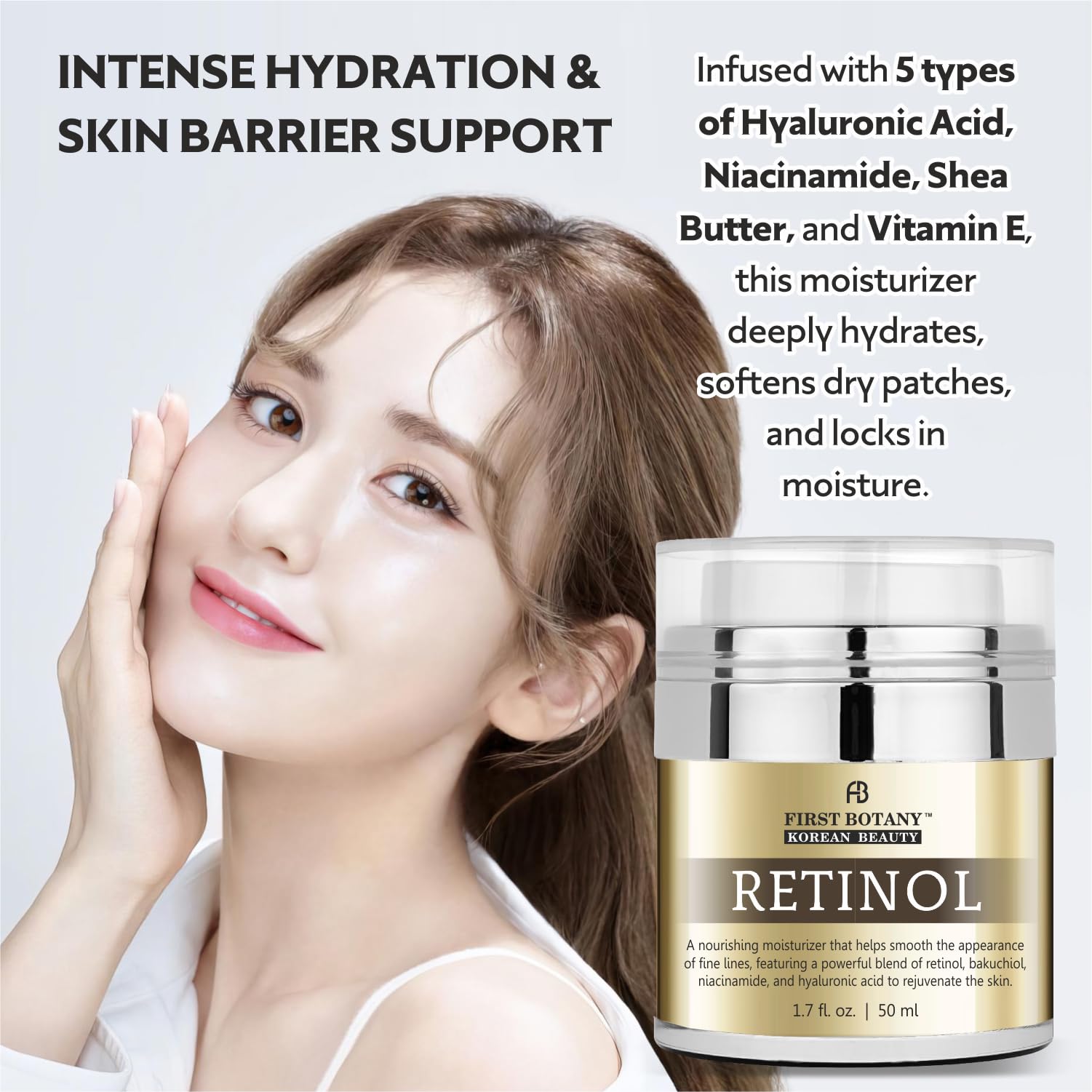 First Botany Bakuchiol Niacinamide ingredients closeup highlighting soothing formula.