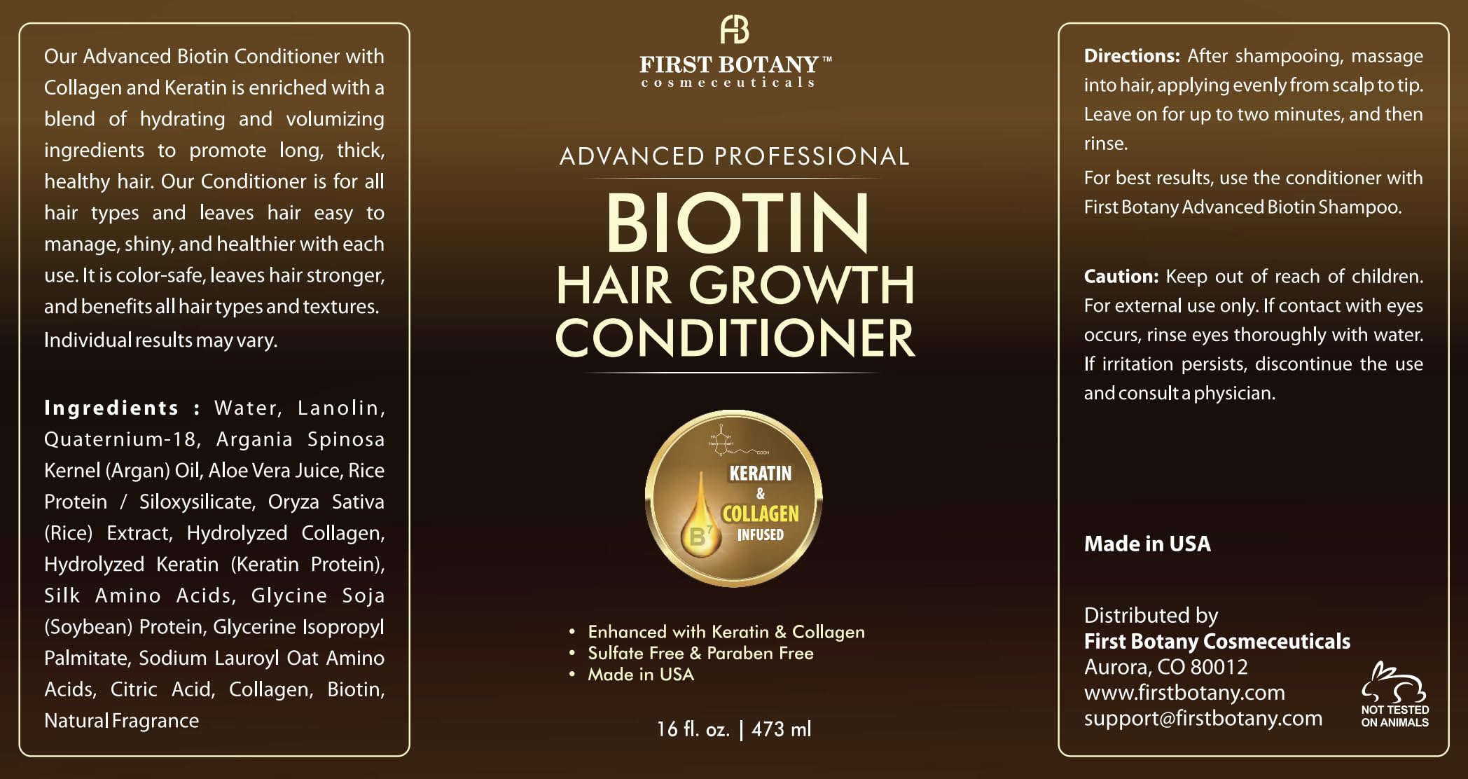 First Botany Biotin conditioner adding healthy shine to revitalized hair.