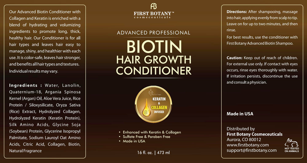 First Botany Biotin conditioner adding healthy shine to revitalized hair.