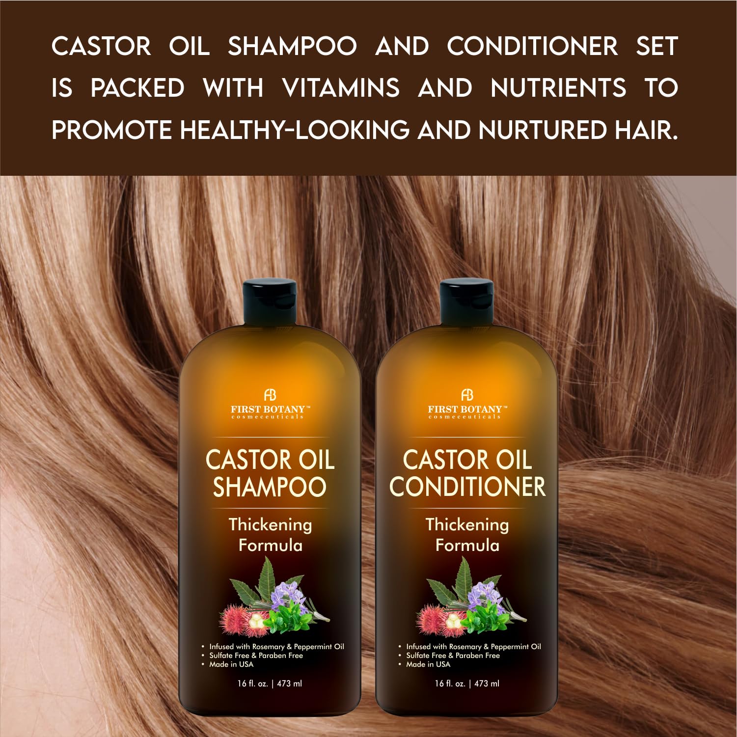First Botany Castor Oil Conditioner close-up highlighting shine and smoothness.