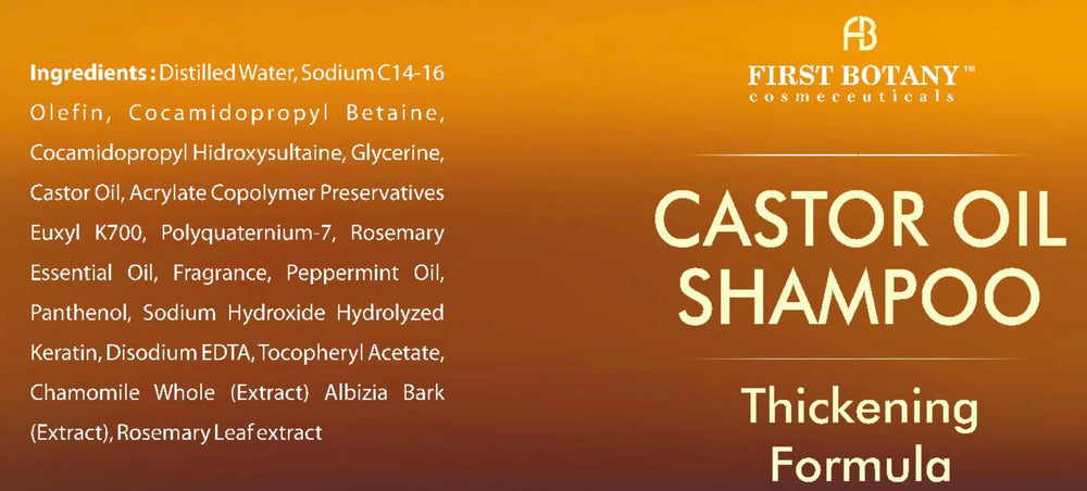 First Botany Castor Oil Shampoo sulfate-free label signals gentle cleansing.