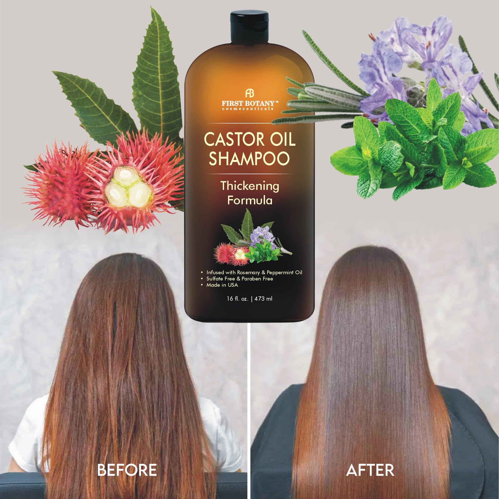 Rosemary and peppermint oils in First Botany shampoo suggest refreshing scalp support.
