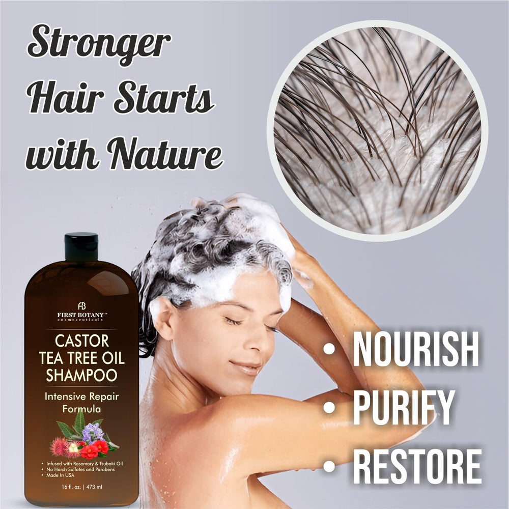 First Botany Castor Tea Tree Conditioner close-up shows silky, manageable strands.