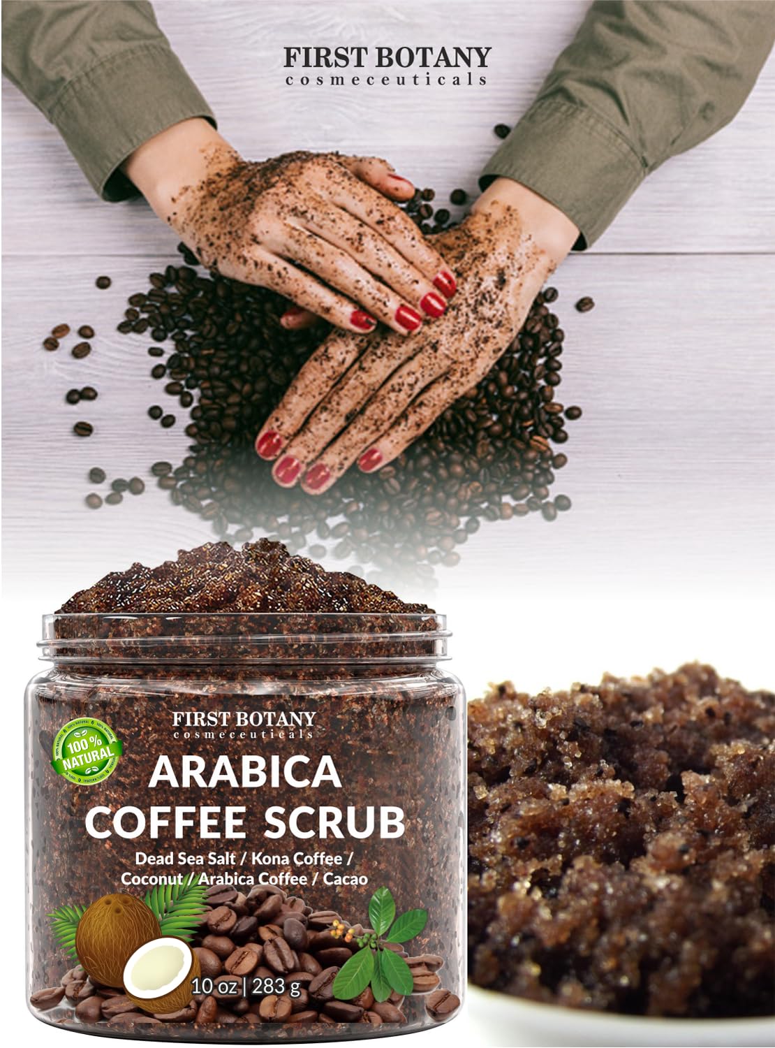 First Botany coffee scrub ready for body application to target cellulite-prone areas.