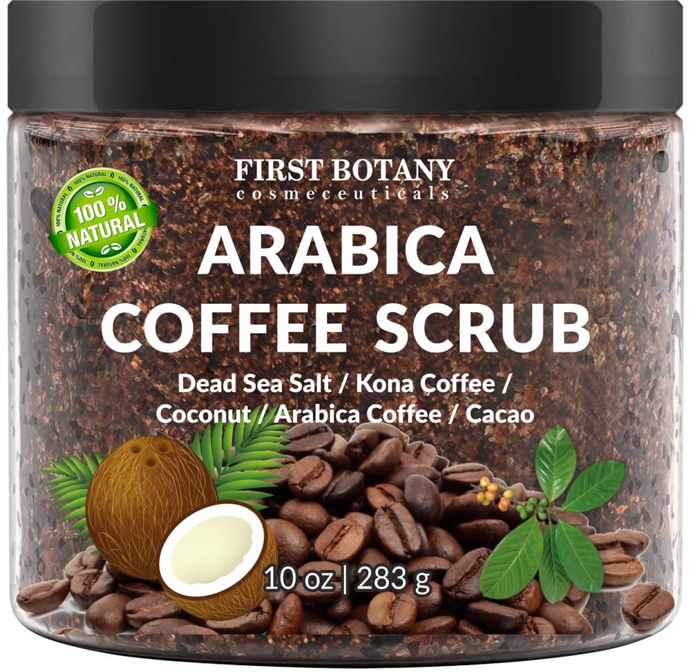 First Botany Cosmeceuticals coffee scrub bottle closeup showing organic ingredients for radiant skin.