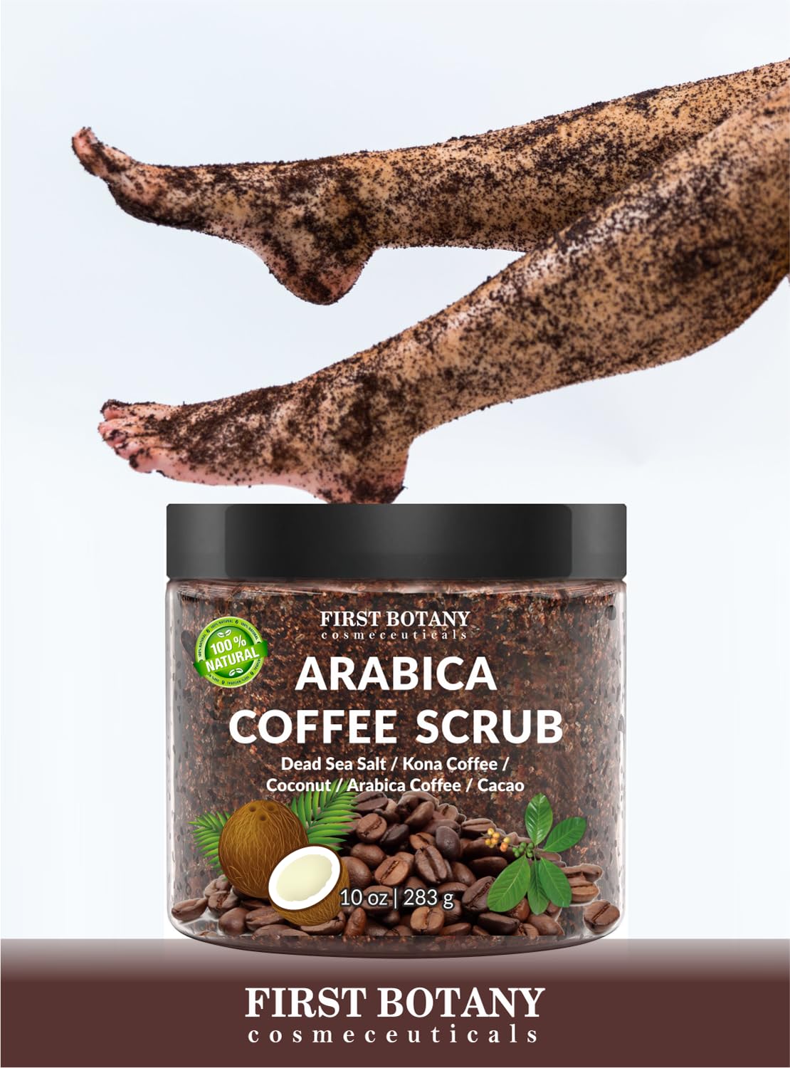 First Botany coffee scrub texture image highlights exfoliating grounds for smoother skin.