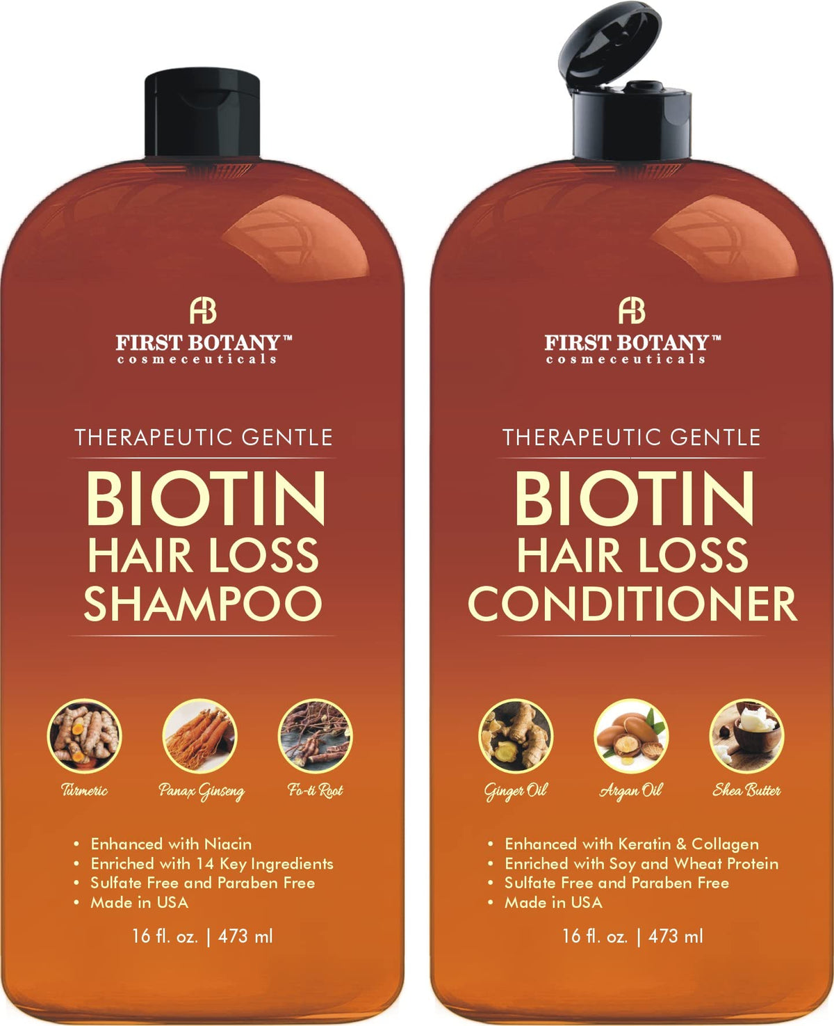 First Botany hair growth shampoo bottle highlights nourishing formula for healthier scalp.