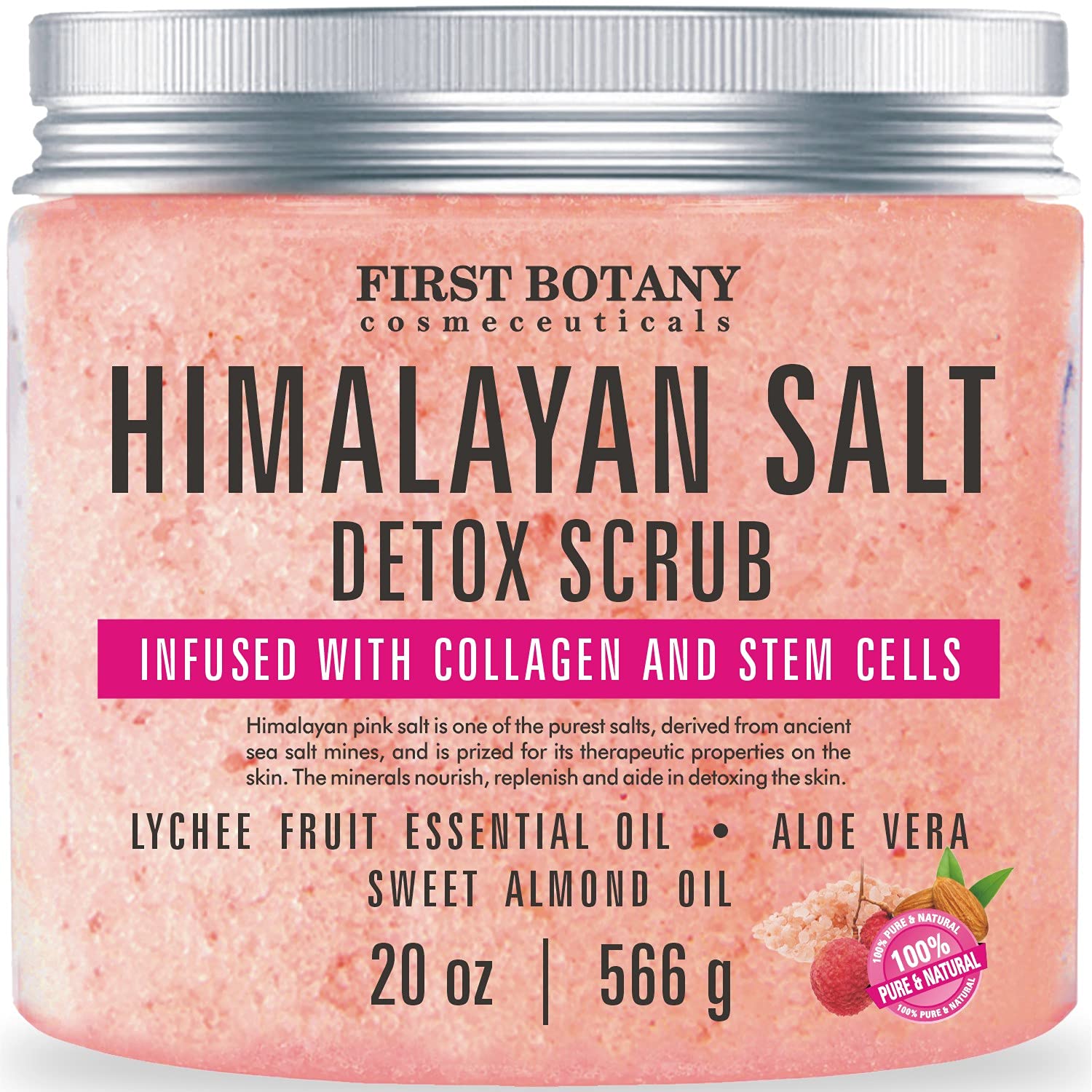 First Botany Himalayan Salt Body Scrub jar close-up showing exfoliation and collagen-infused formula.