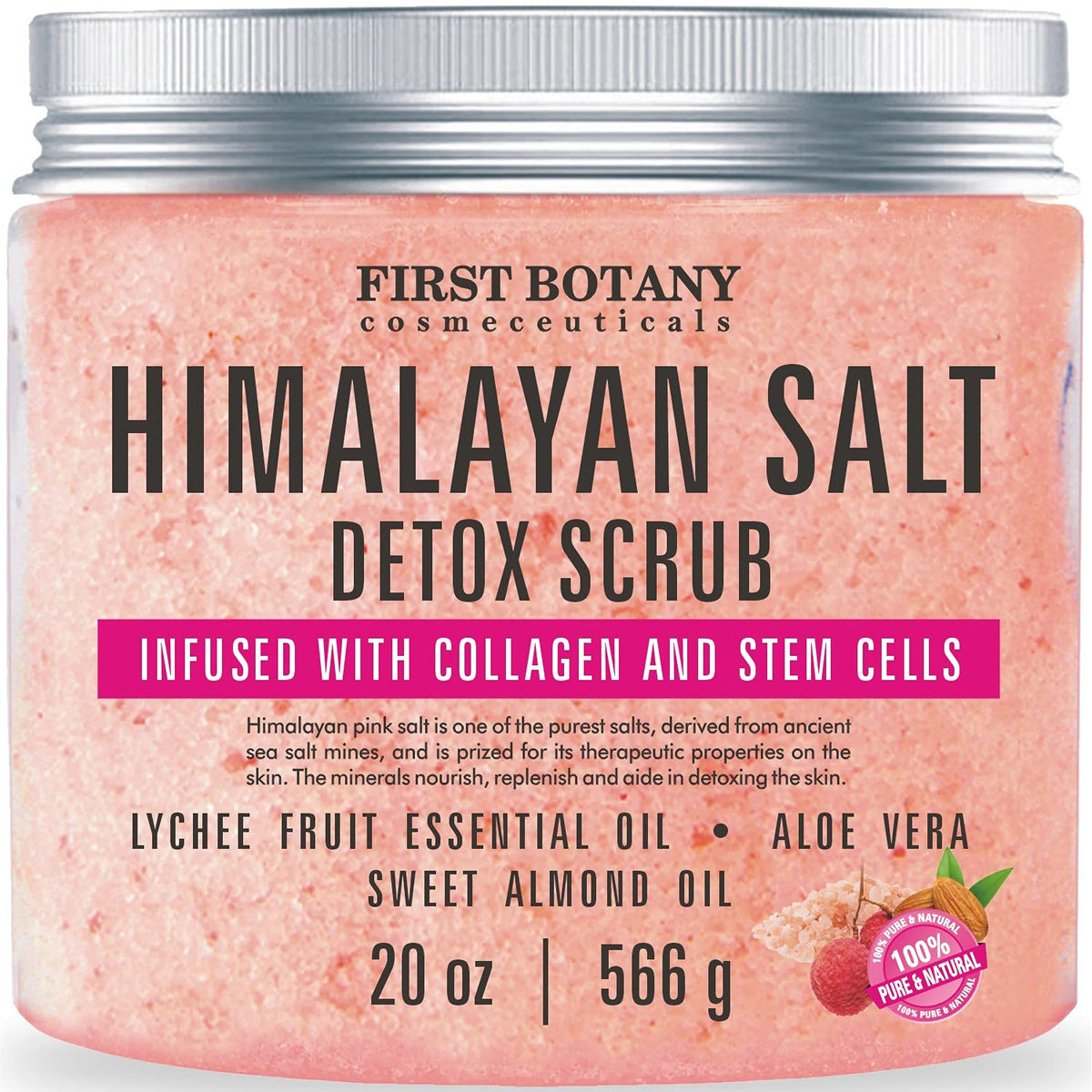 First Botany Himalayan Salt Body Scrub jar close-up showing exfoliation and collagen-infused formula.