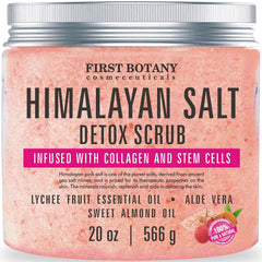 First Botany Himalayan Salt Body Scrub jar close-up showing exfoliation and collagen-infused formula.
