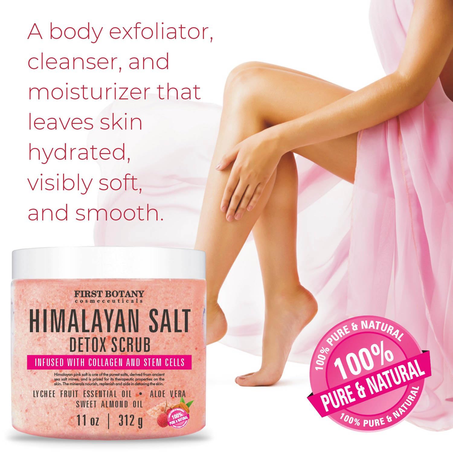 First Botany Himalayan Salt crystal texture close-up suggests premium exfoliation and revitalization.