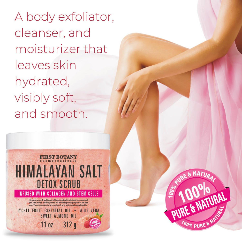 First Botany Himalayan Salt crystal texture close-up suggests premium exfoliation and revitalization.