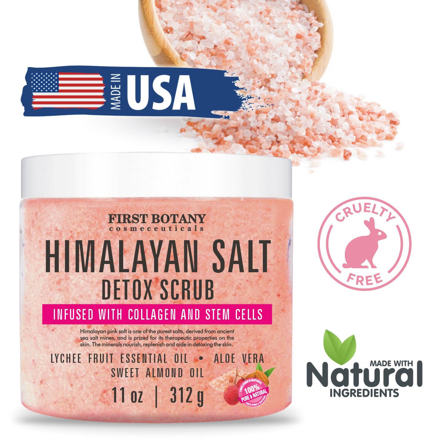 First Botany Himalayan Salt Scrub close-up reveals natural nutrients for nourishing exfoliation.