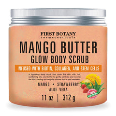 First Botany mango butter body scrub jar showcases rich exfoliating texture for smooth skin.