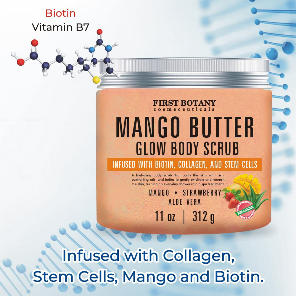 First Botany mango butter body scrub salt grains enhance tactile exfoliation and glow.