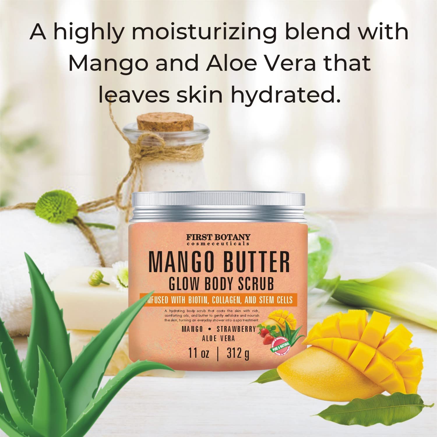 First Botany mango butter scrub packaging closeup emphasizes clean ingredients and premium feel.