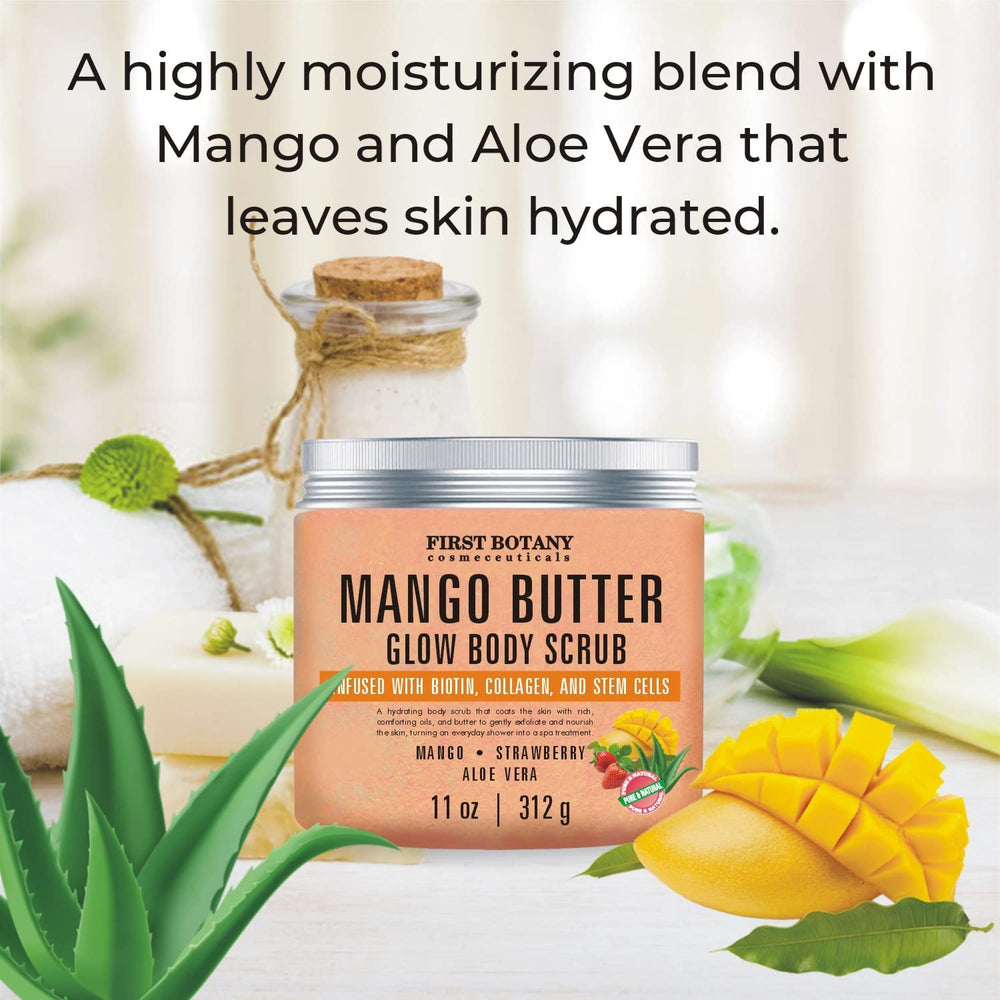 First Botany mango butter scrub packaging closeup emphasizes clean ingredients and premium feel.