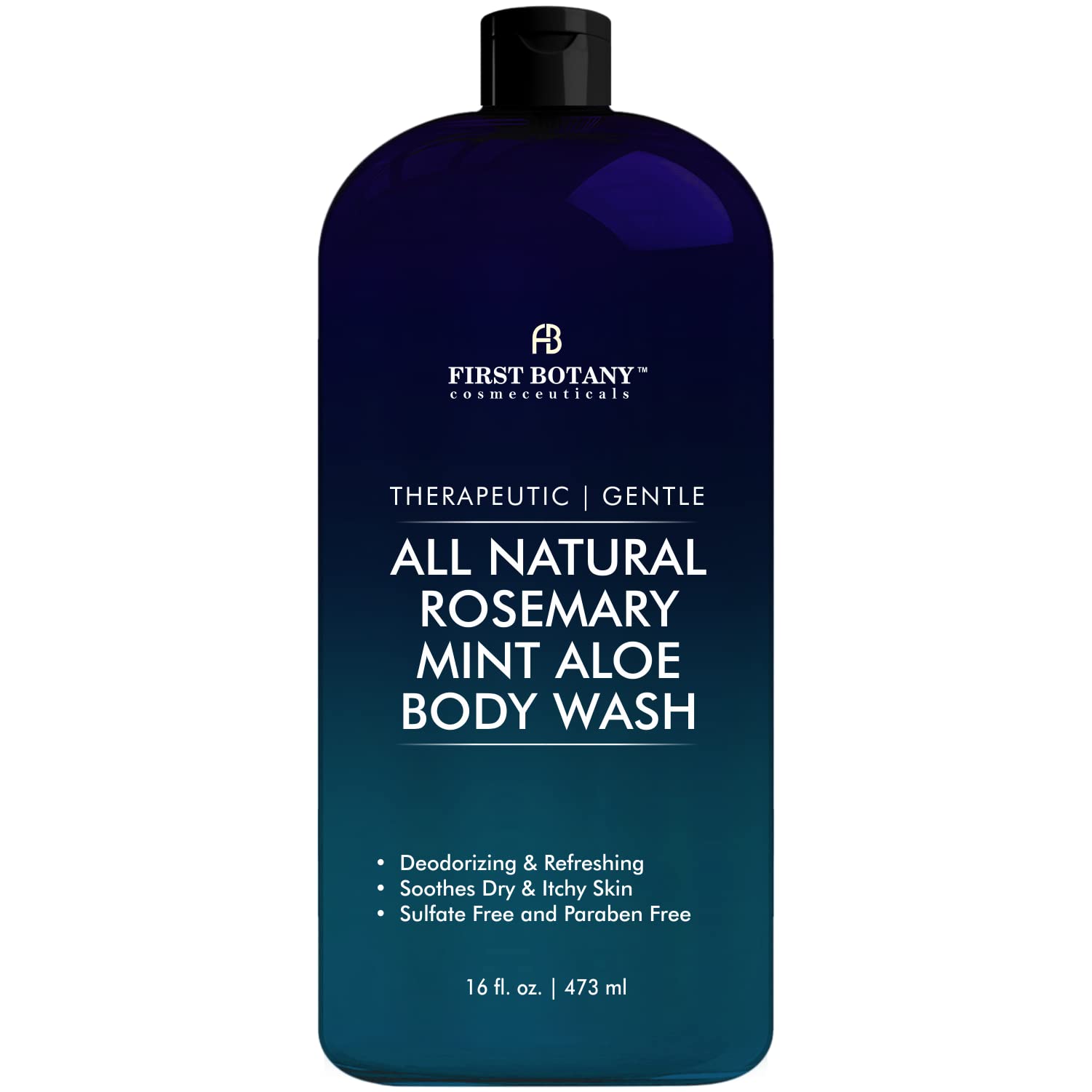 First Botany Rosemary Mint body wash bottle shows refreshing daily cleansing with plant-based ingredients.
