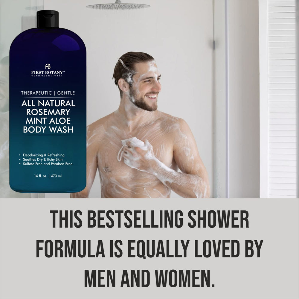 Shower setup captures morning routine with a refreshing Rosemary Mint wash.