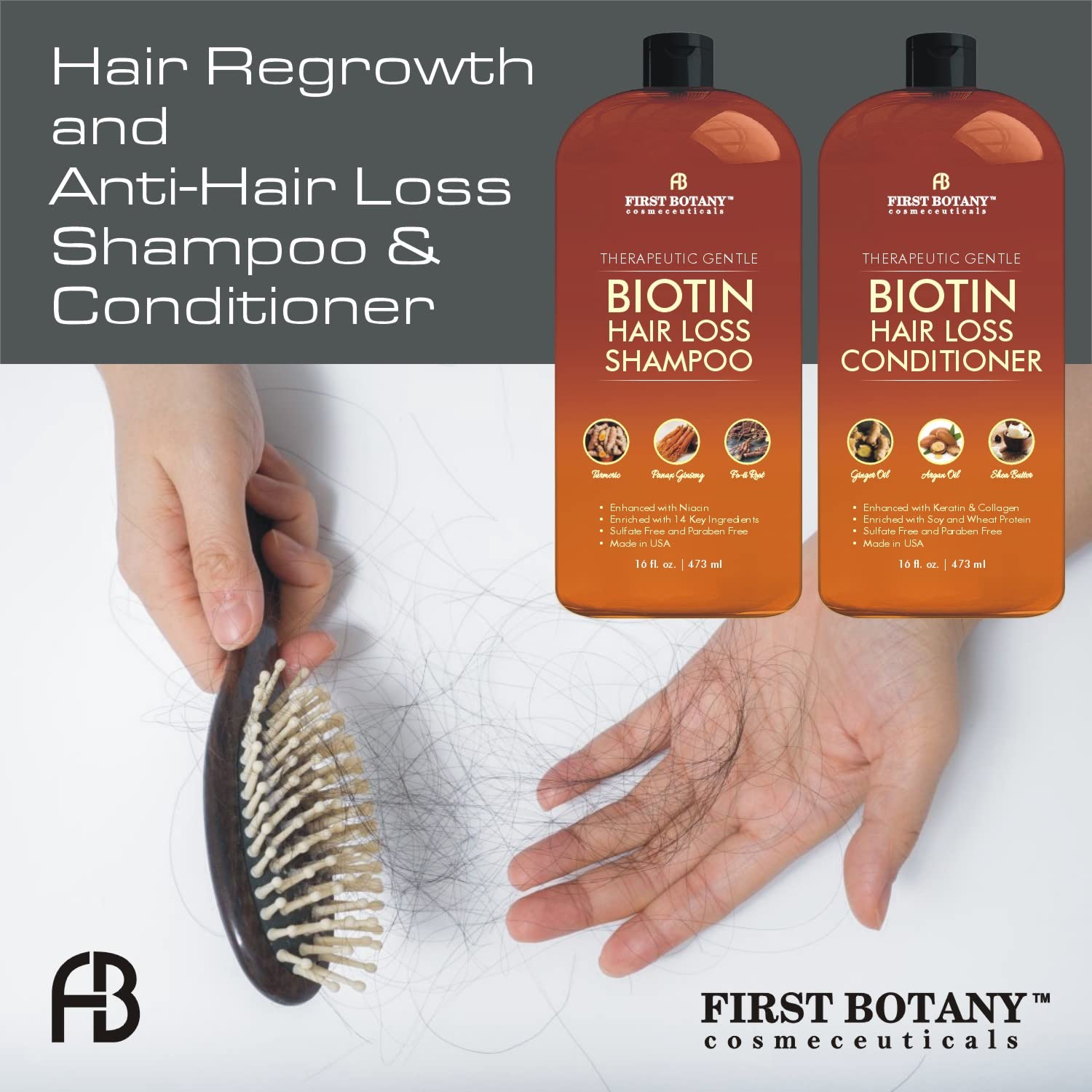 First Botany shampoo-conditioner packshot emphasizes sulfate-free, paraben-free formula for daily use.