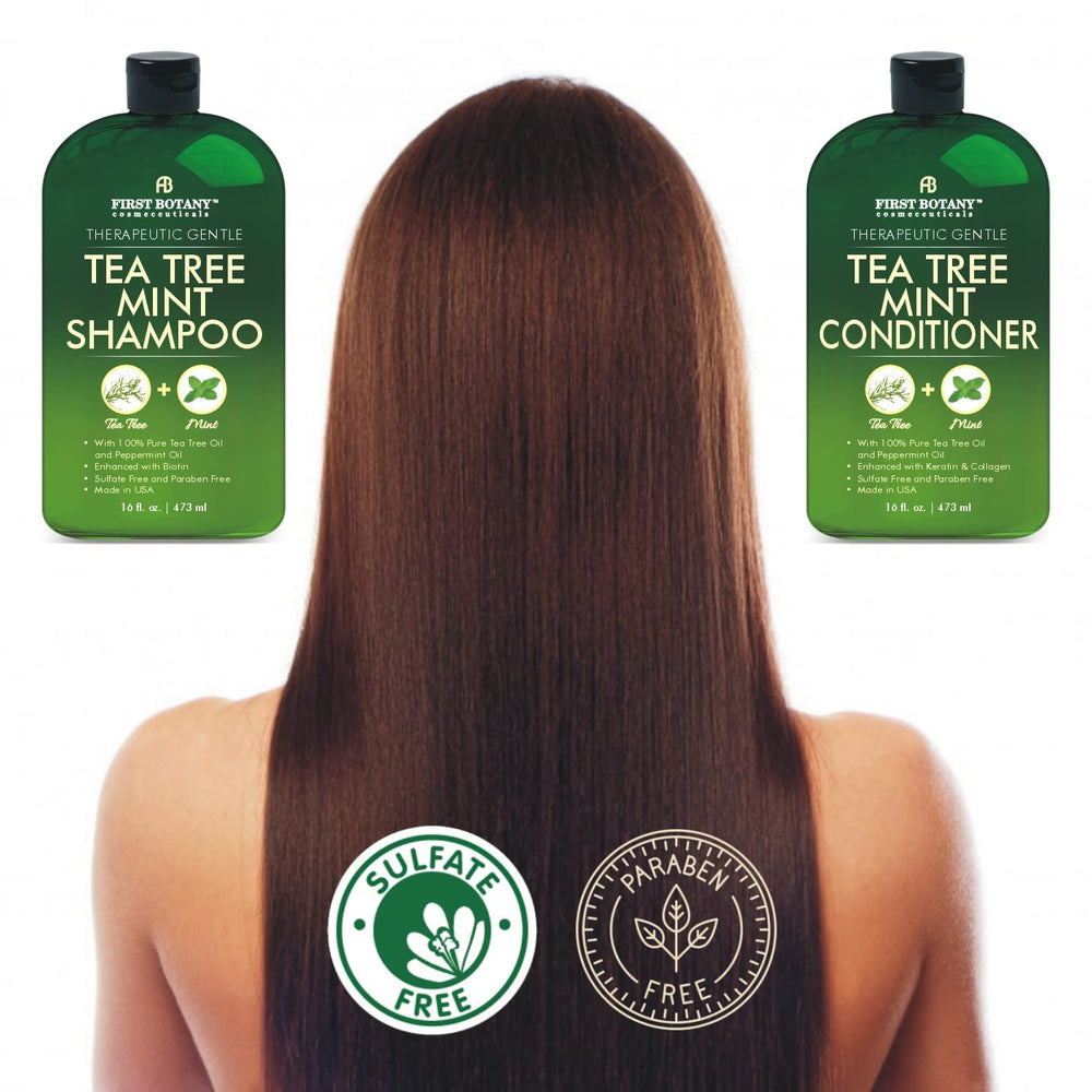 First Botany Tea Tree Mint Conditioner pump showcases detangling and frizz control.