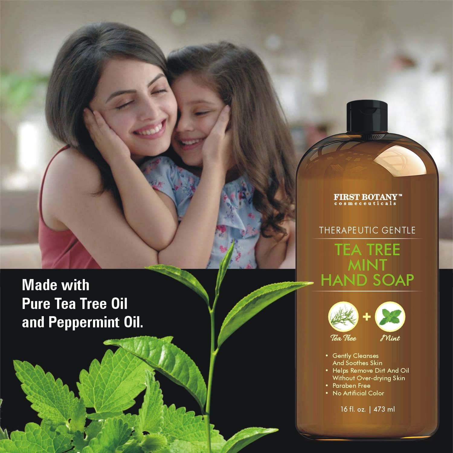 First Botany Tea Tree Mint Hand Soap ingredients graphic with nourishing oils
