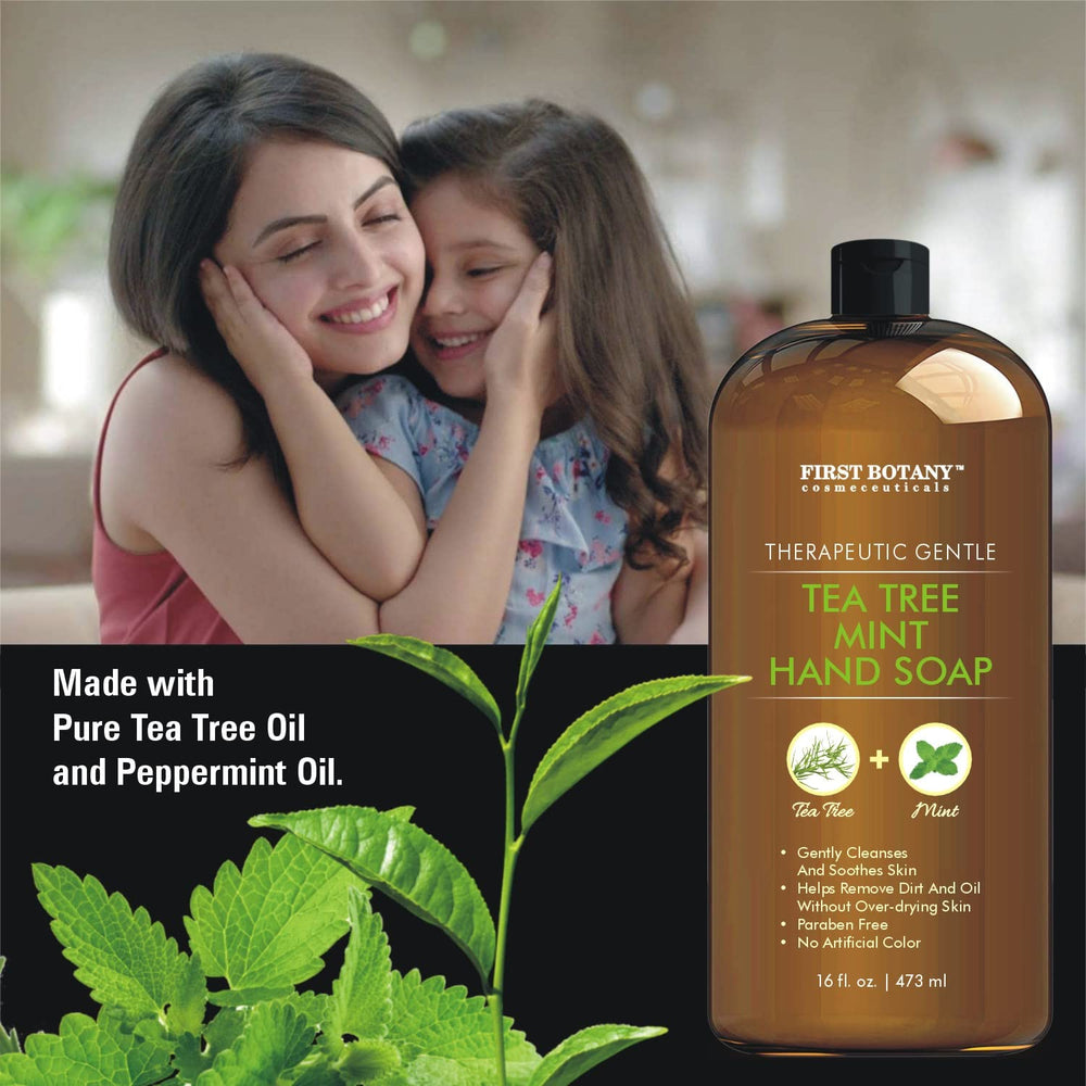 First Botany Tea Tree Mint Hand Soap ingredients graphic with nourishing oils