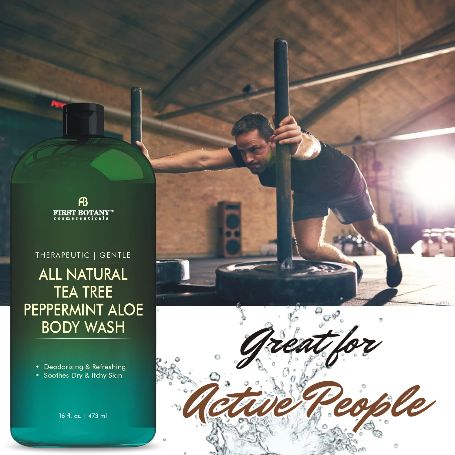 First Botany Tea Tree Mint shower gel bottle closeup highlights natural ingredients