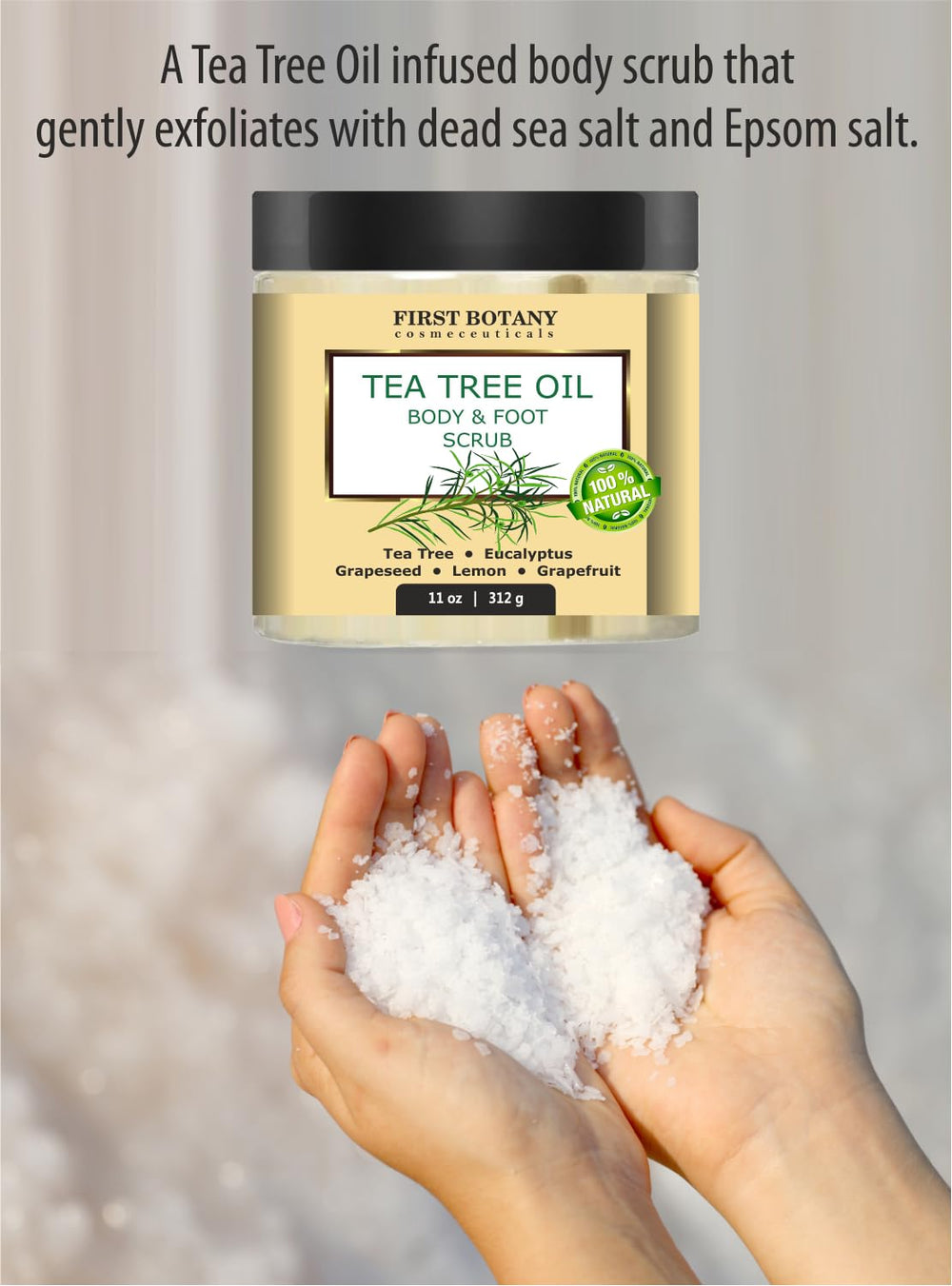 First Botany Tea Tree Oil Scrub bottle with USA-made cruelty-free claim