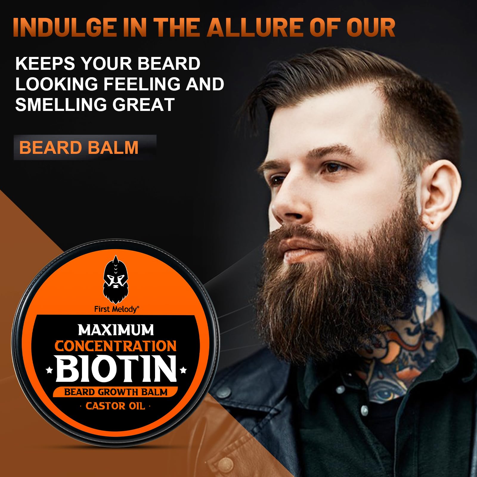 First Melody ingredients label highlights natural oils for skin and beard conditioning.