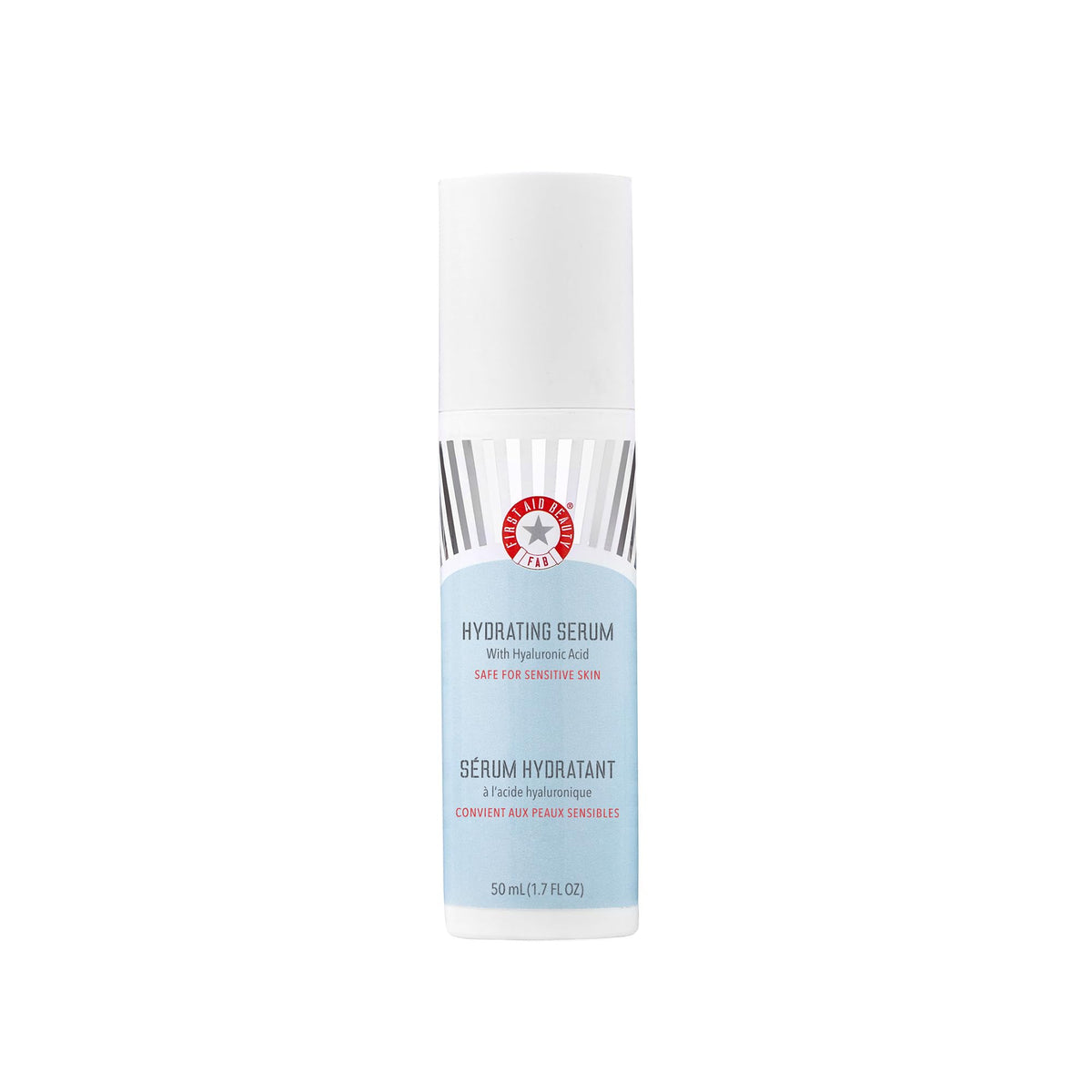First Aid Beauty hydrating serum bottle with droplets signaling 24-hour hydration.