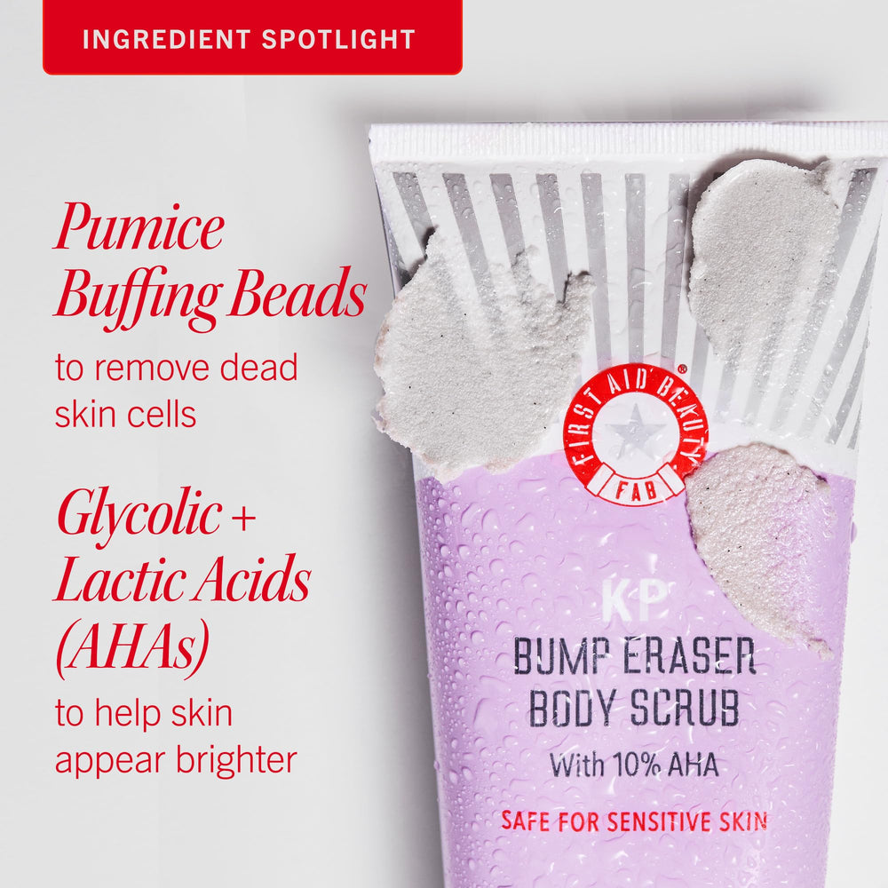 First Aid Beauty KP Bump Eraser packaging on bathroom shelf for routine use