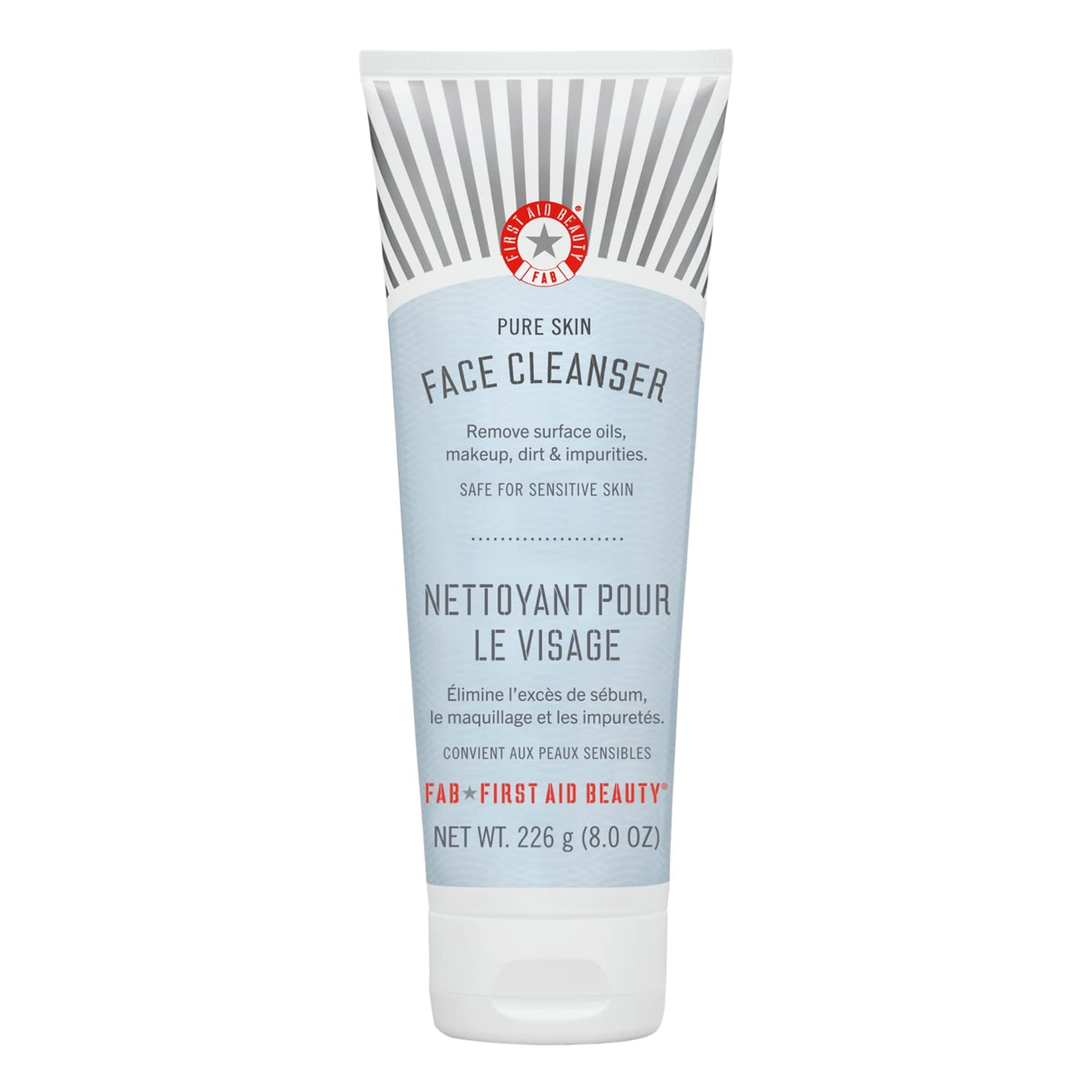 First Aid Beauty Pure Skin Cleanser bottle demonstrates fragrance-free makeup removal for sensitive skin.