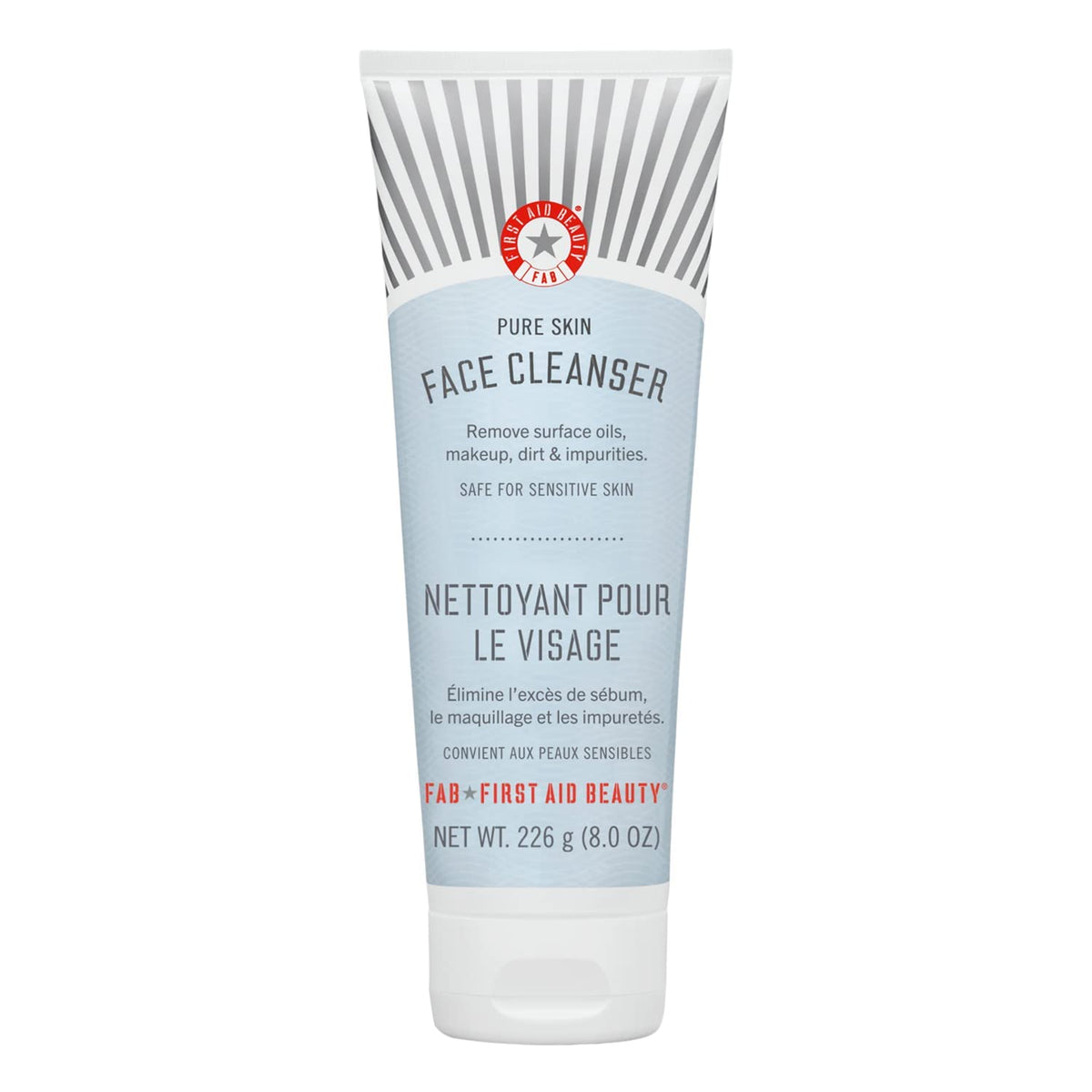 First Aid Beauty Pure Skin Cleanser bottle demonstrates fragrance-free makeup removal for sensitive skin.