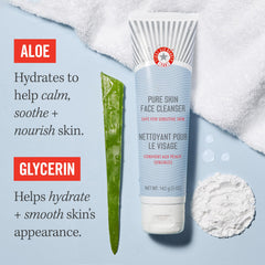 First Aid Beauty Pure Skin Cleanser pump shows gentle cleansing that preserves moisture.