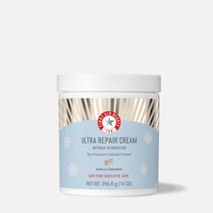 First Aid Beauty Ultra Repair Cream jar closeup showing whipped texture for deep hydration.