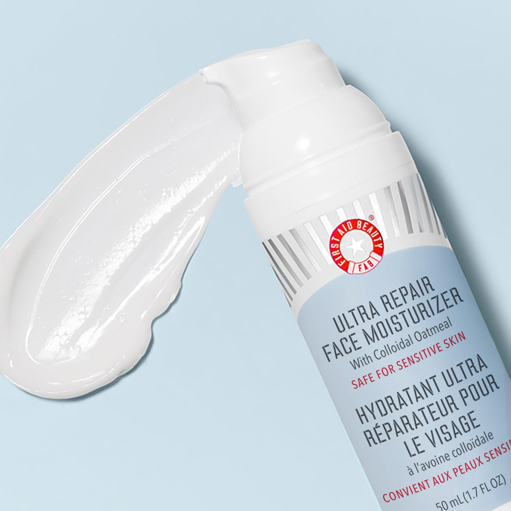 First Aid Beauty Ultra Repair ingredients bowl with oatmeal, shea butter, avocado oil