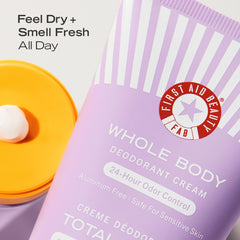 First Aid Beauty Whole Body Deodorant Cream pump demonstrates quick, invisible application.