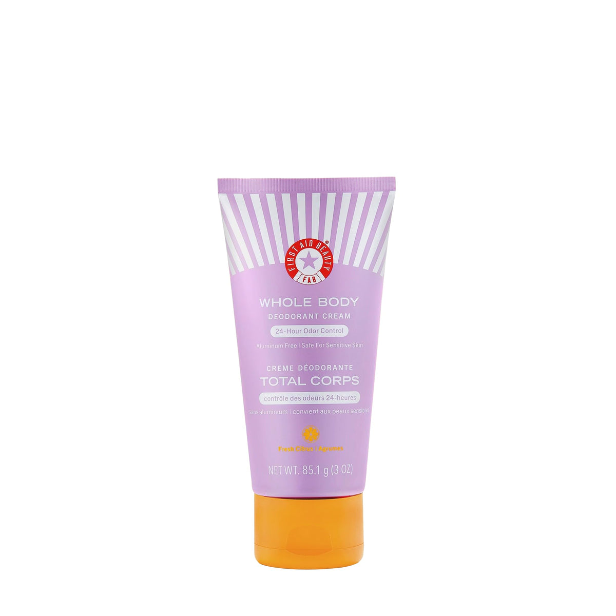 First Aid Beauty Whole Body Deodorant Cream packaging highlights all-day odor control.
