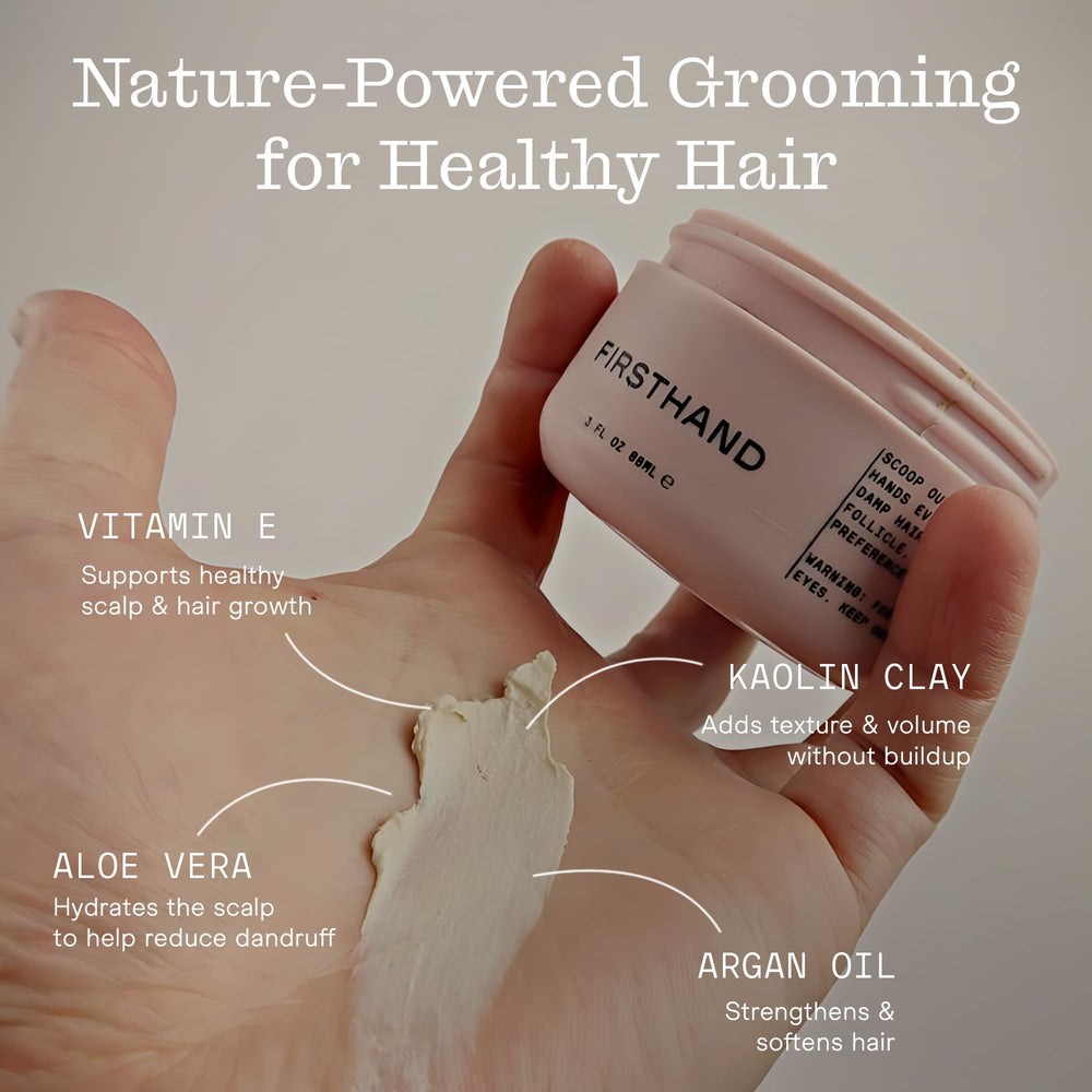 Firsthand Supply Hair Clay Pomade matte finish closeup highlights all-day hold