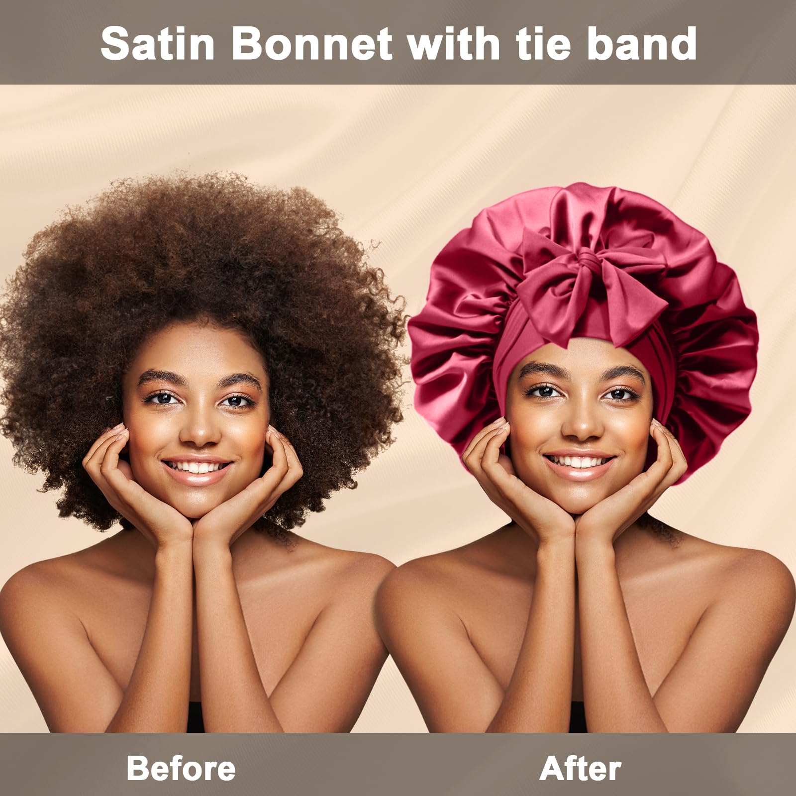FIRSTPELLA adjustable-tie-band satin bonnet demonstrates secure fit with extra-long ties.