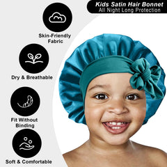 FIRSTPELLA silk bonnet on child at bedtime helps keep hairstyles.