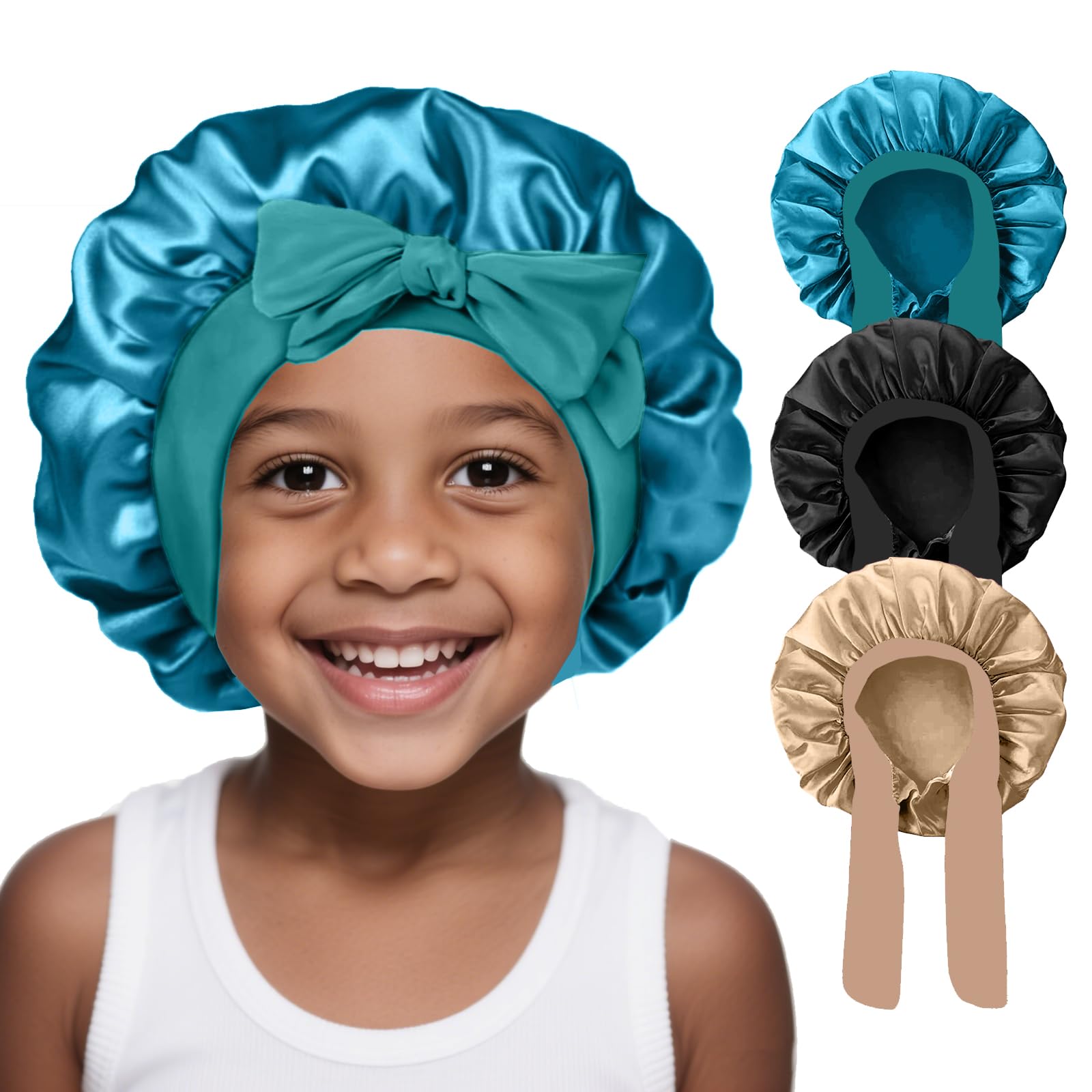 FIRSTPELLA kids silk bonnet peacock blue closeup shows moisture-friendly satin for sleeping.