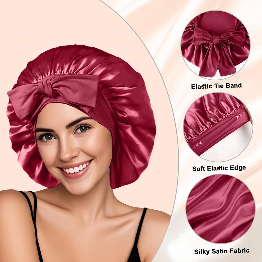 FIRSTPELLA large satin bonnet close-up highlights the 13-8-inch diameter for voluminous curls.