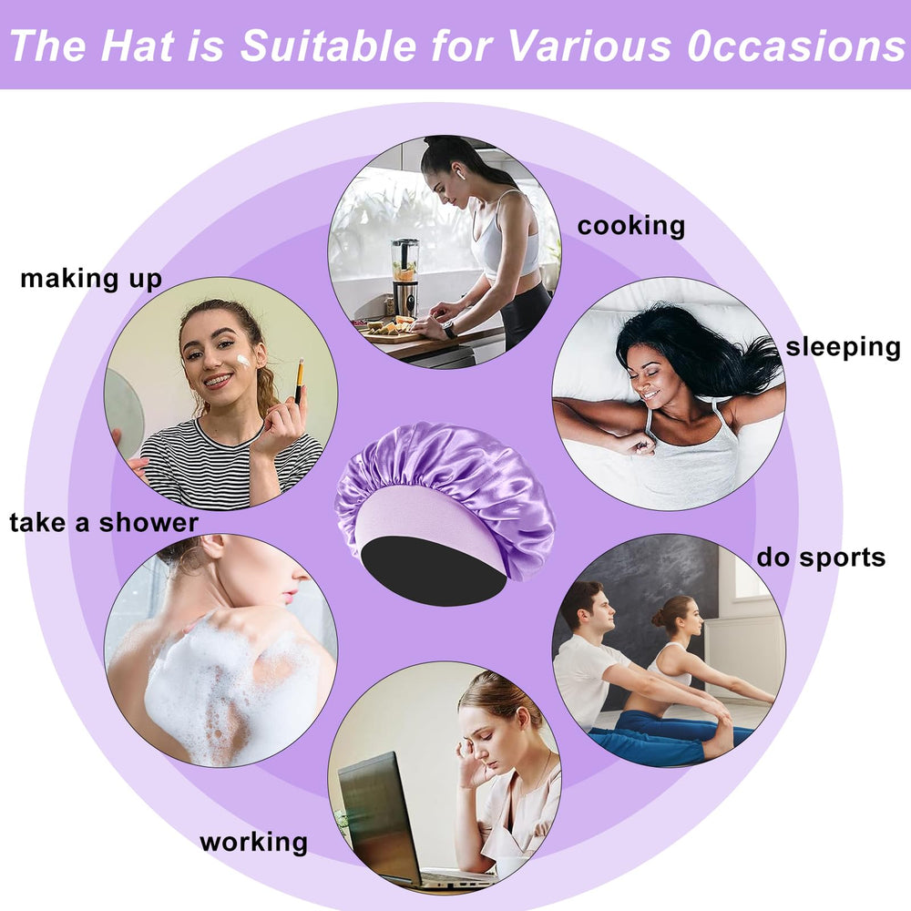 FIRSTPELLA silk bonnet pink-on-head protects curls while sleeping and getting ready.