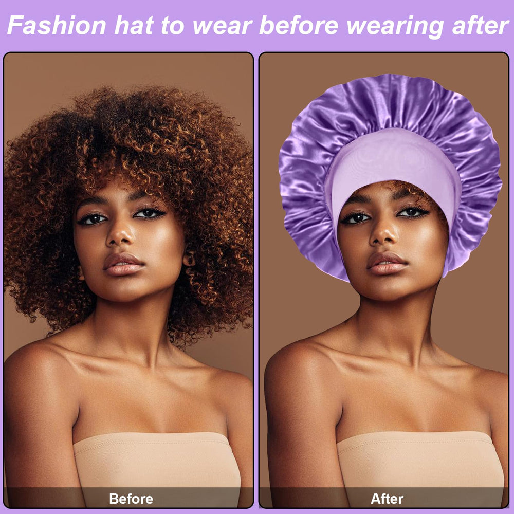 FIRSTPELLA silk bonnet sapphire-blue-on-head secures a comfortable fit for night rest.